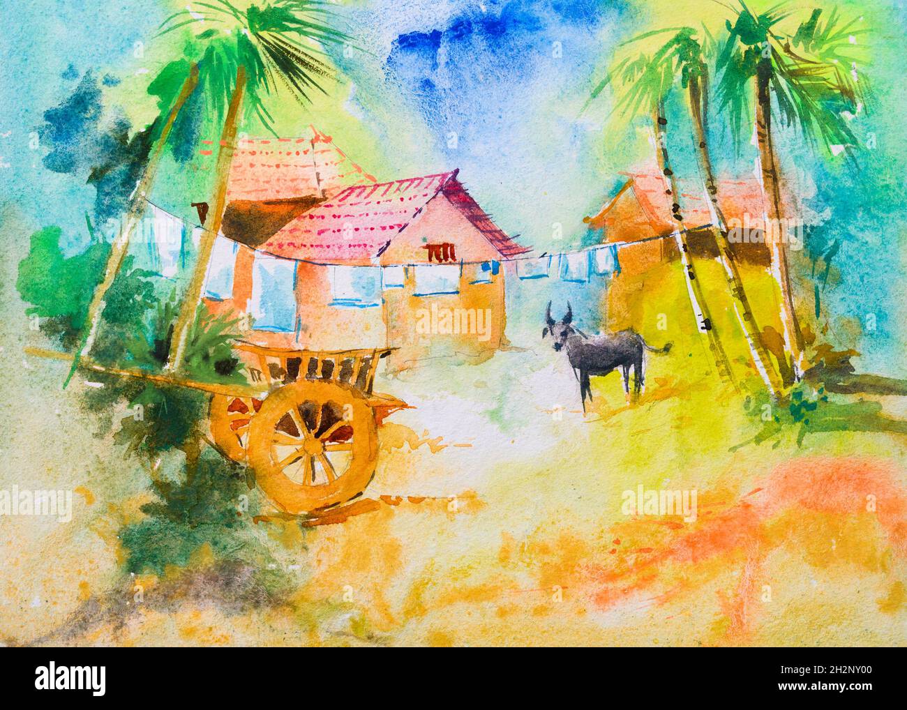Peinture d'aquarelle de village indien brillant , illustration ..., حجم الصورة 1300x1018