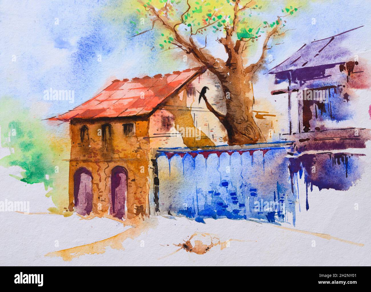 Peinture d'aquarelle de village indien brillant , illustration ..., حجم الصورة 1300x1024