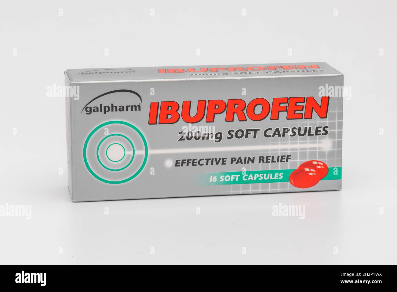 Une boîte de 16 capsules molles d'Ibuprofène de galpharm 200 mg Banque D'Images