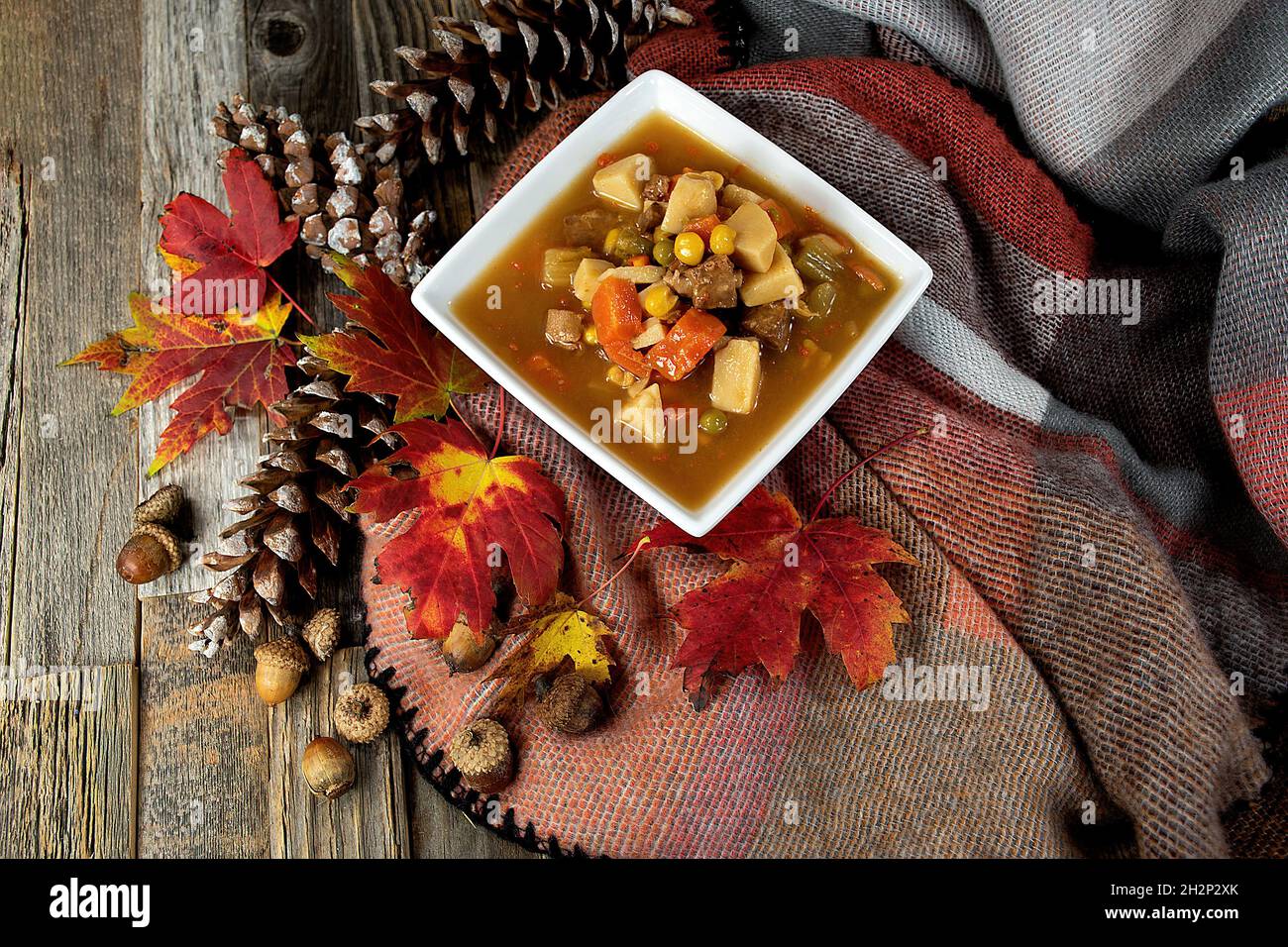 Soupe de bœuf aux légumes dans un bol carré blanc sur une couverture chaude avec des glands, des cônes de pin et des feuilles d'automne Banque D'Images