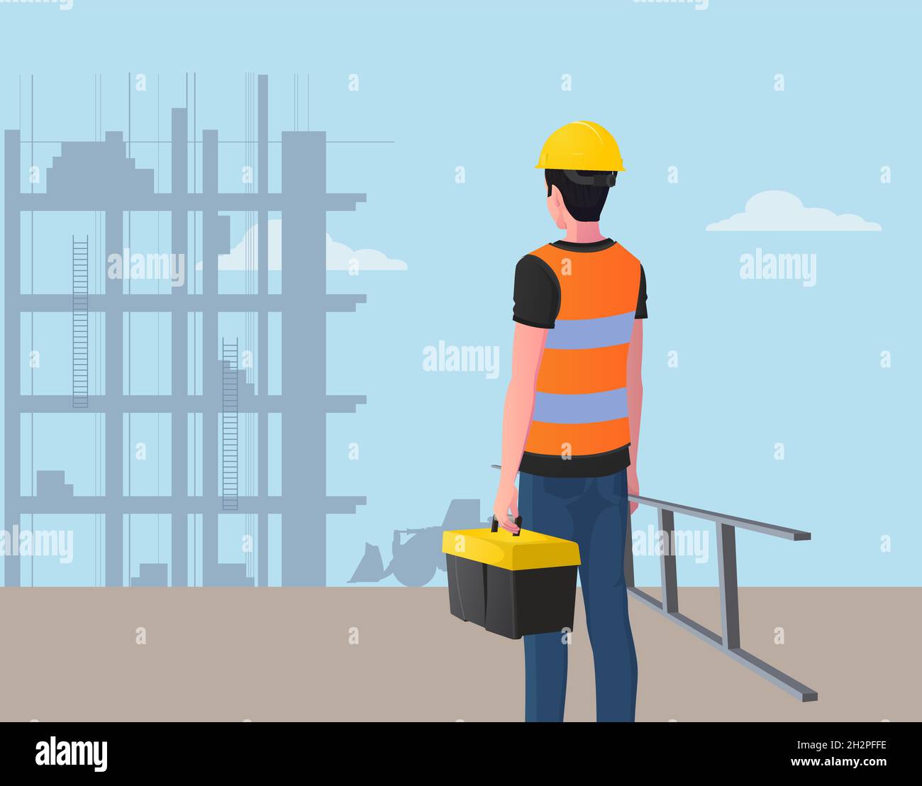 Travailleur de la construction sur le chantier avec boîte à outils et vecteur Premium d'échelle Illustration de Vecteur