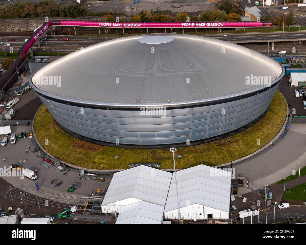 Glasgow, Écosse, Royaume-Uni.23 octobre 2021.PHOTO : vue aérienne de drone en regardant depuis le dessus du site de la COP26.Crédit : Colin Fisher/Alay Live News Banque D'Images