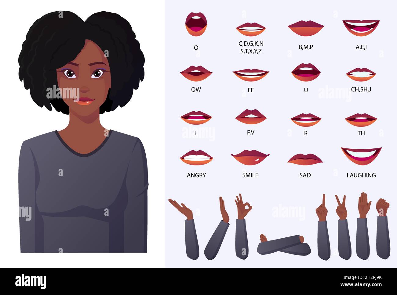 Ensemble d'animation faciale et de synchronisation des lèvres, jolie femme noire africaine américaine portant un maillot gris avec des cheveux freux bouclés. Illustration de Vecteur