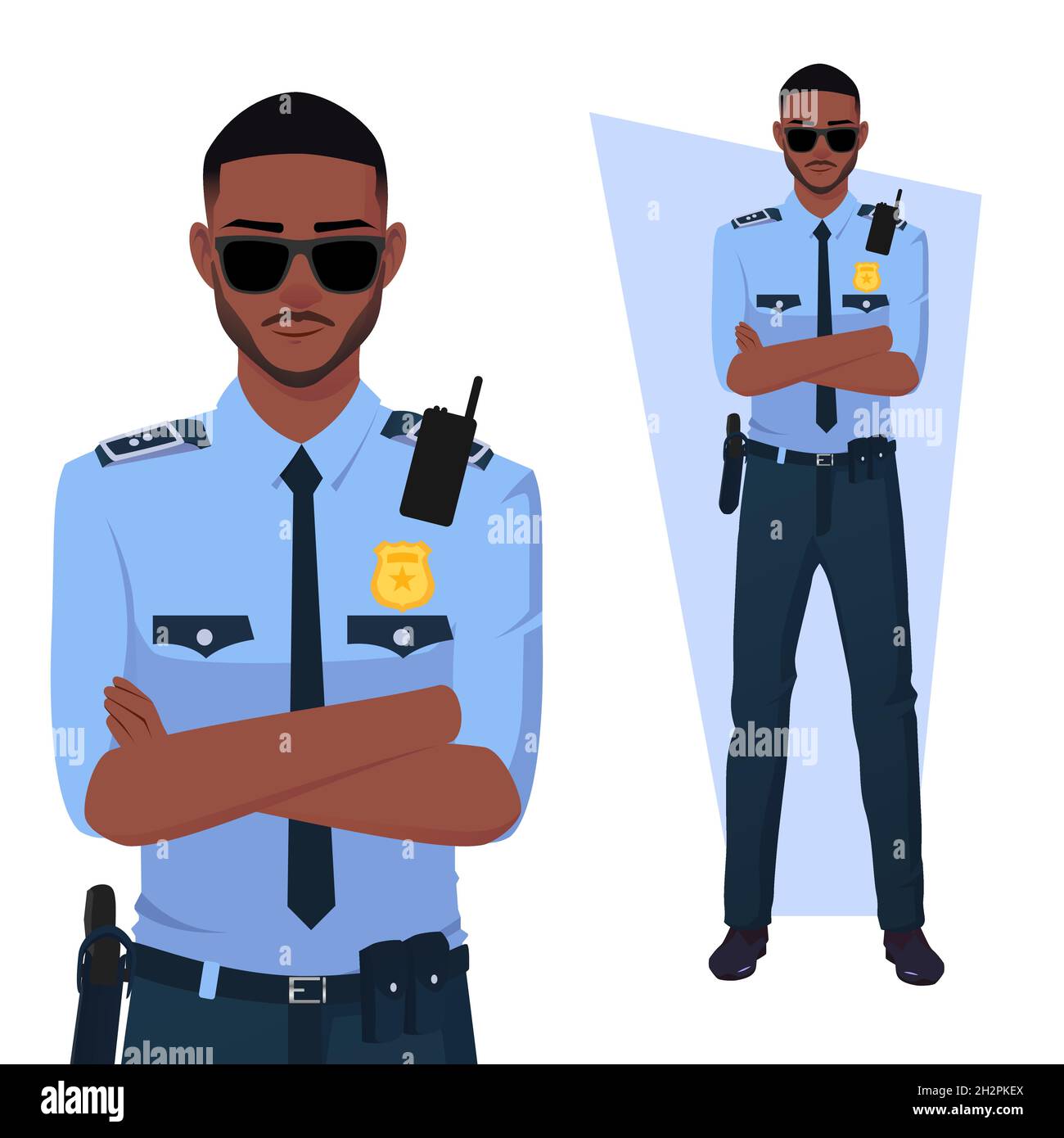 Policier noir avec bras pliés, portant un uniforme et des lunettes de soleil Premium Vector Illustration de Vecteur