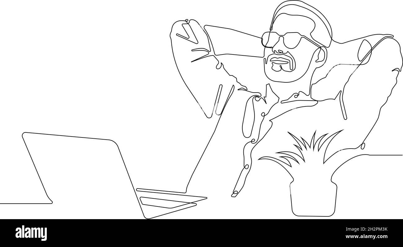 Un dessin d'une seule ligne de jeune homme en position de détente au bureau à la maison Illustration de Vecteur