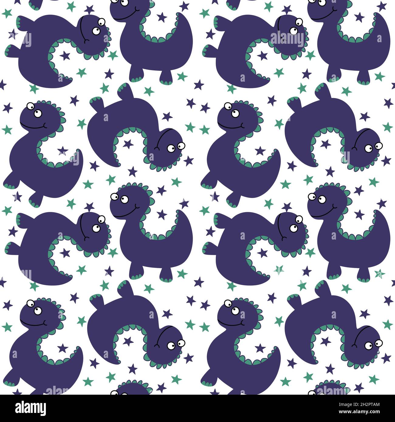 Motif de dessin animé enfant sans couture avec dinosaures dragon sur fond blanc Banque D'Images