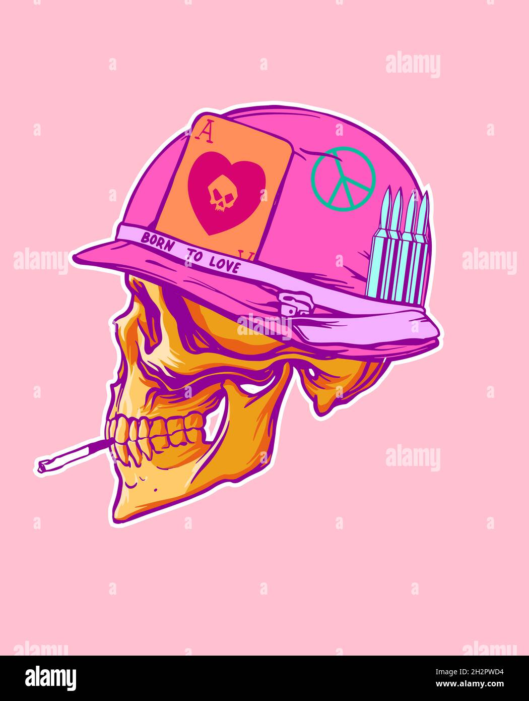 Crâne dessiné à la main portant le casque d'un soldat américain.Né à l'amour.Illustration vectorielle. Illustration de Vecteur