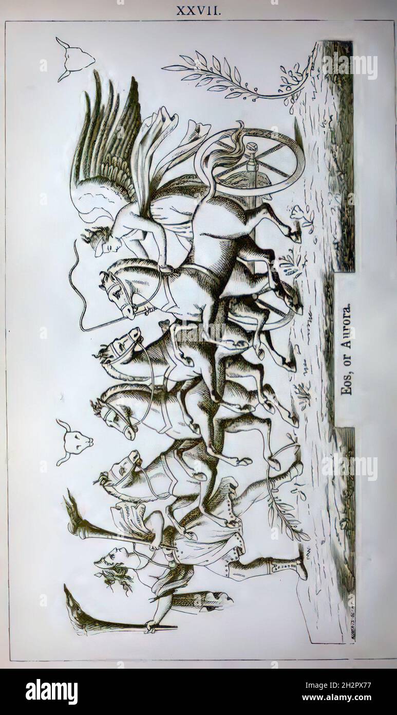 Illustration de l'EOS la déesse de l'aube sur le char tiré par les chevaux Banque D'Images