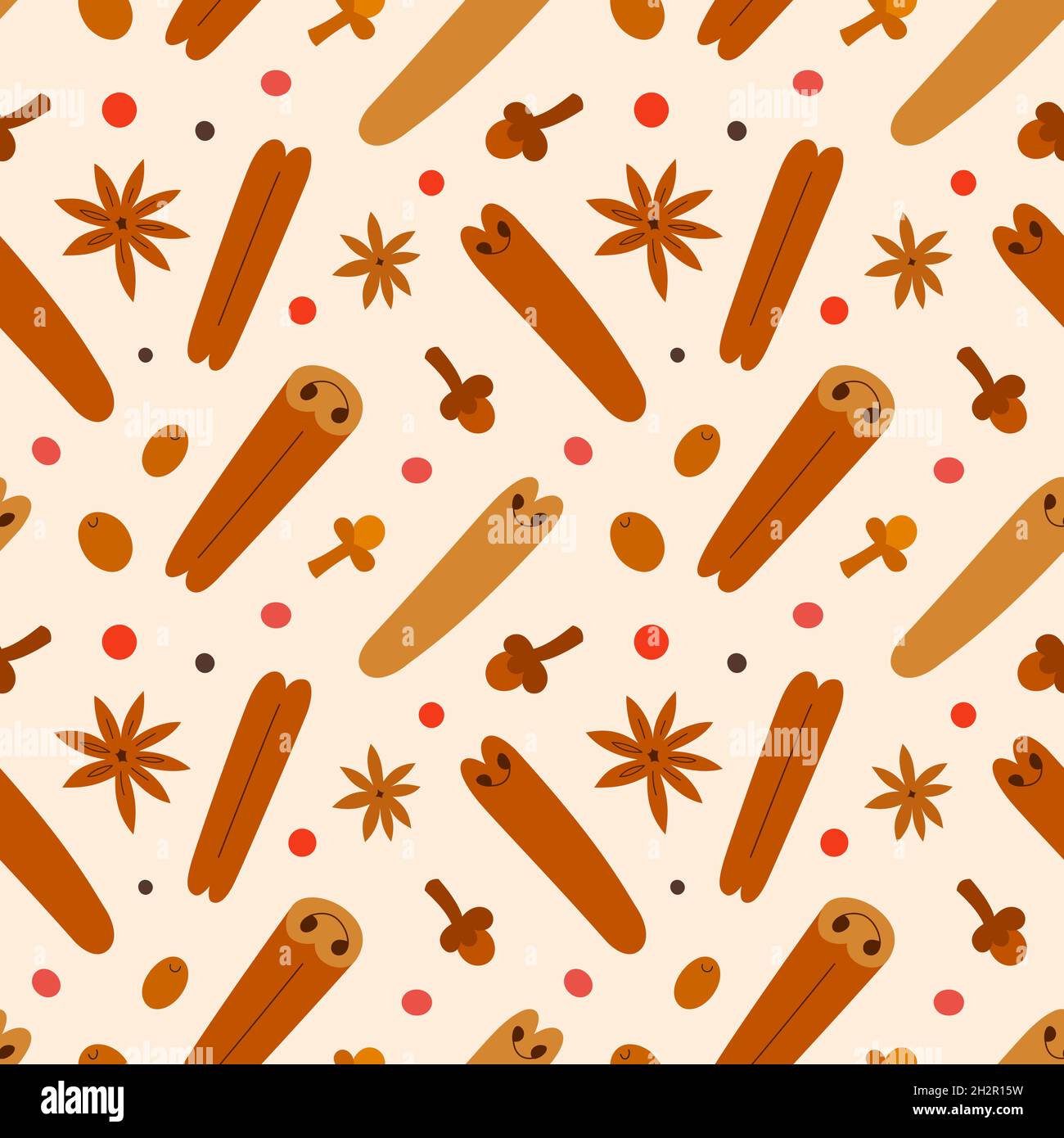 Divers motifs d'épices, petits pains à la cannelle, assaisonnement à l'anis et au clou de girofle, illustration dessinée à la main, fond sans couture avec des ingrédients de cuisine Illustration de Vecteur