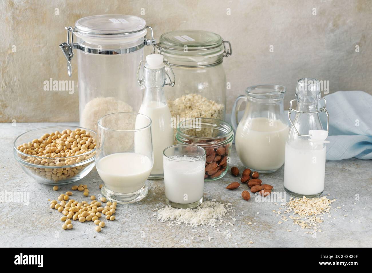 Ingrédients pour le lait vegan maison de soja, noix de coco, amandes flocons d'avoine et riz en bouteilles et pots, fond rustique avec espace de copie, selec Banque D'Images