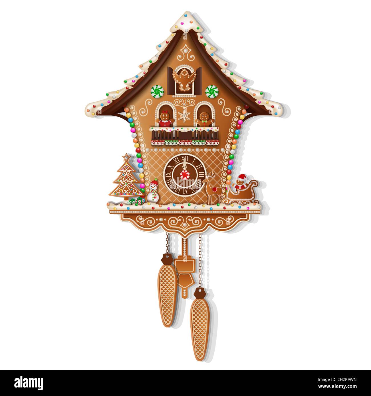 Horloge de Noël en forme de pain d'épice avec bonbons et biscuits Illustration de Vecteur