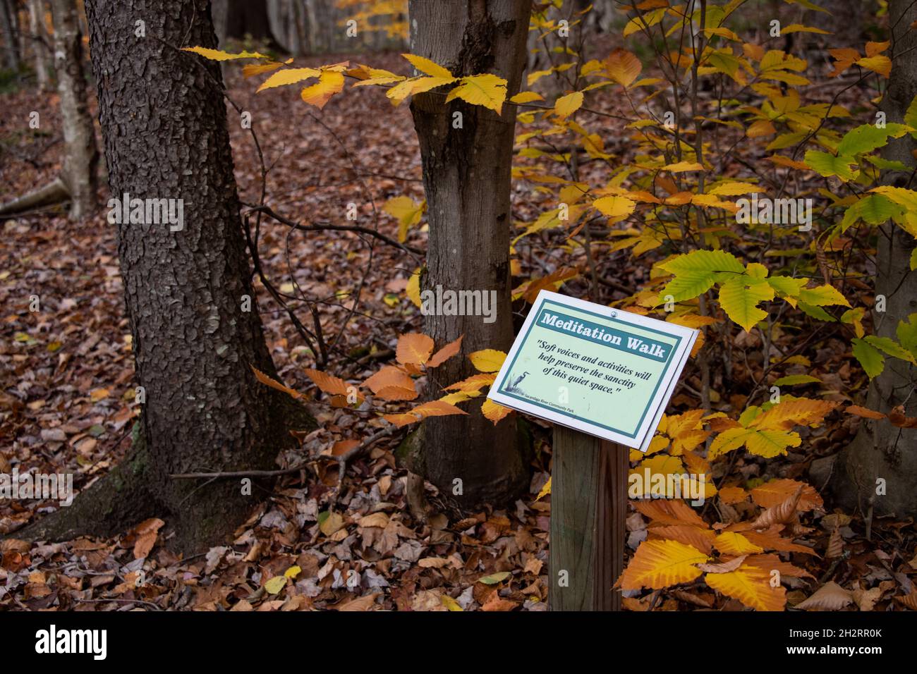 Signe sur le sentier de la méditation dans le chemin de la rivière Sacandaga suggérant des voix et des activités douces aideront à préserver le caractère sacré de cet endroit calme Banque D'Images