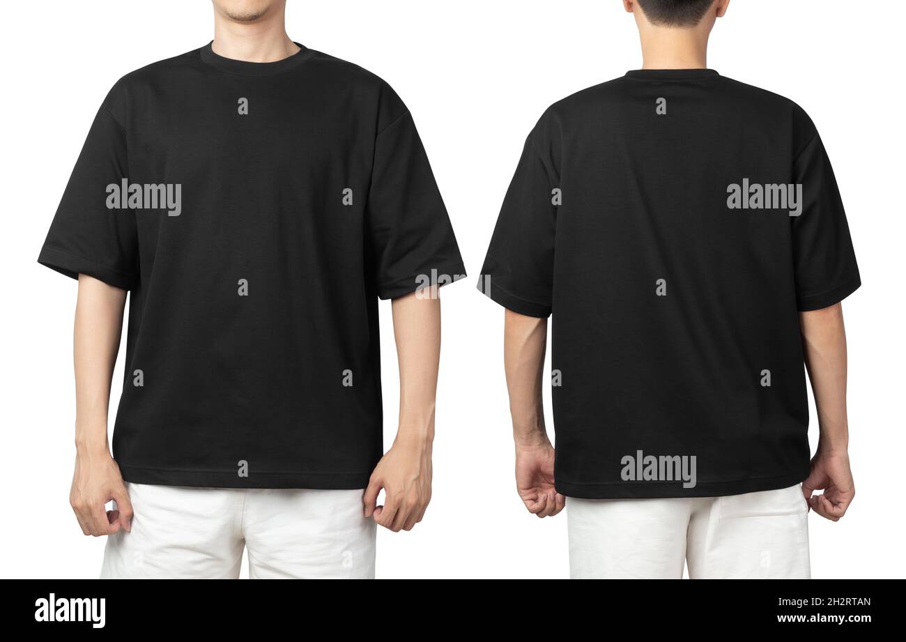Jeune homme en blanc grand t-shirt maquette avant et arrière utilisé comme modèle de conception, isolé sur fond blanc avec passe-cheveux. Banque D'Images Jeune homme en blanc grand t-shirt maquette avant et arrière utilisé comme modèle de conception, isolé sur fond blanc avec passe-cheveux. Banque D'Images