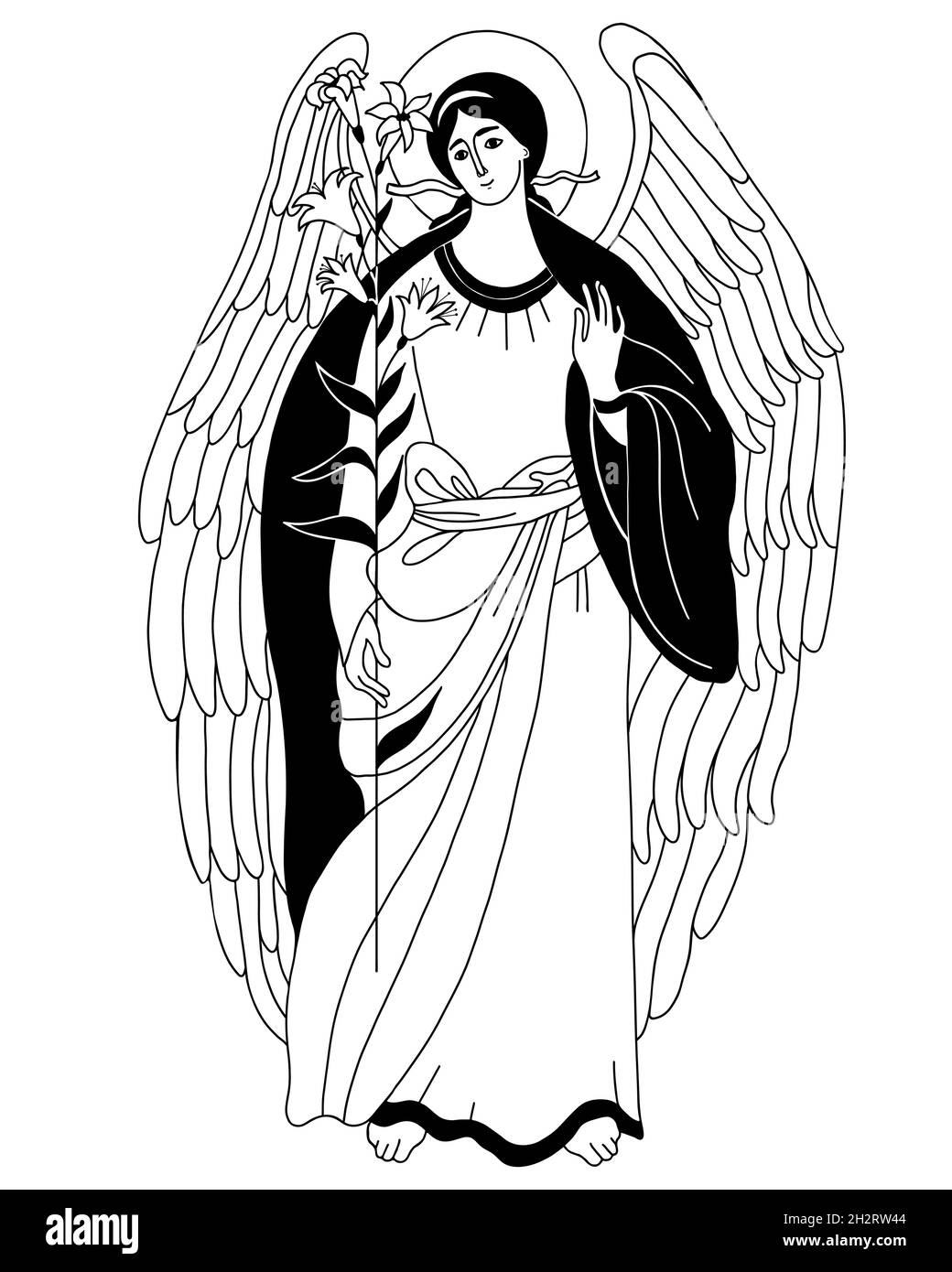 Archange Gabriel avec nénuphars - messager céleste.Illustration décorative vectorielle.Concept de religion catholicisme et orthodoxie .Ange de l'Apocalypse, Saint Illustration de Vecteur