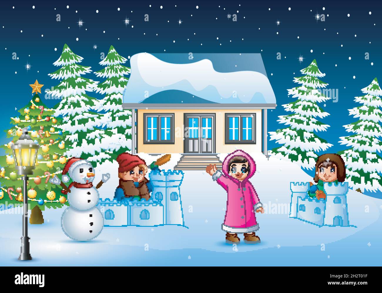 Les enfants heureux portant un hiver clotes jouant une neige le jour de noël Illustration de Vecteur