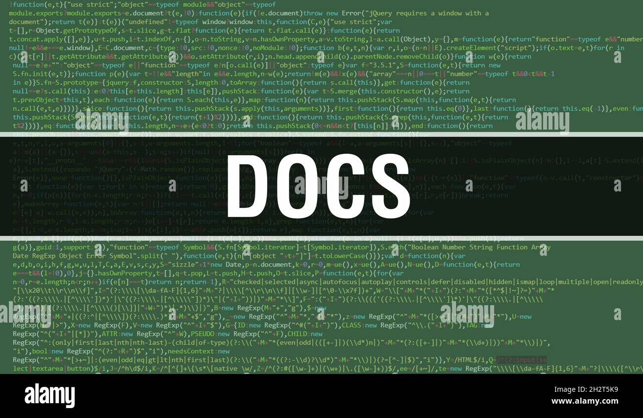 Illustration du concept Docs utilisant du code pour le développement de programmes et d'applications.Code de site Web Docs avec des balises colorées dans la vue du navigateur sur fond sombre.Documents Banque D'Images