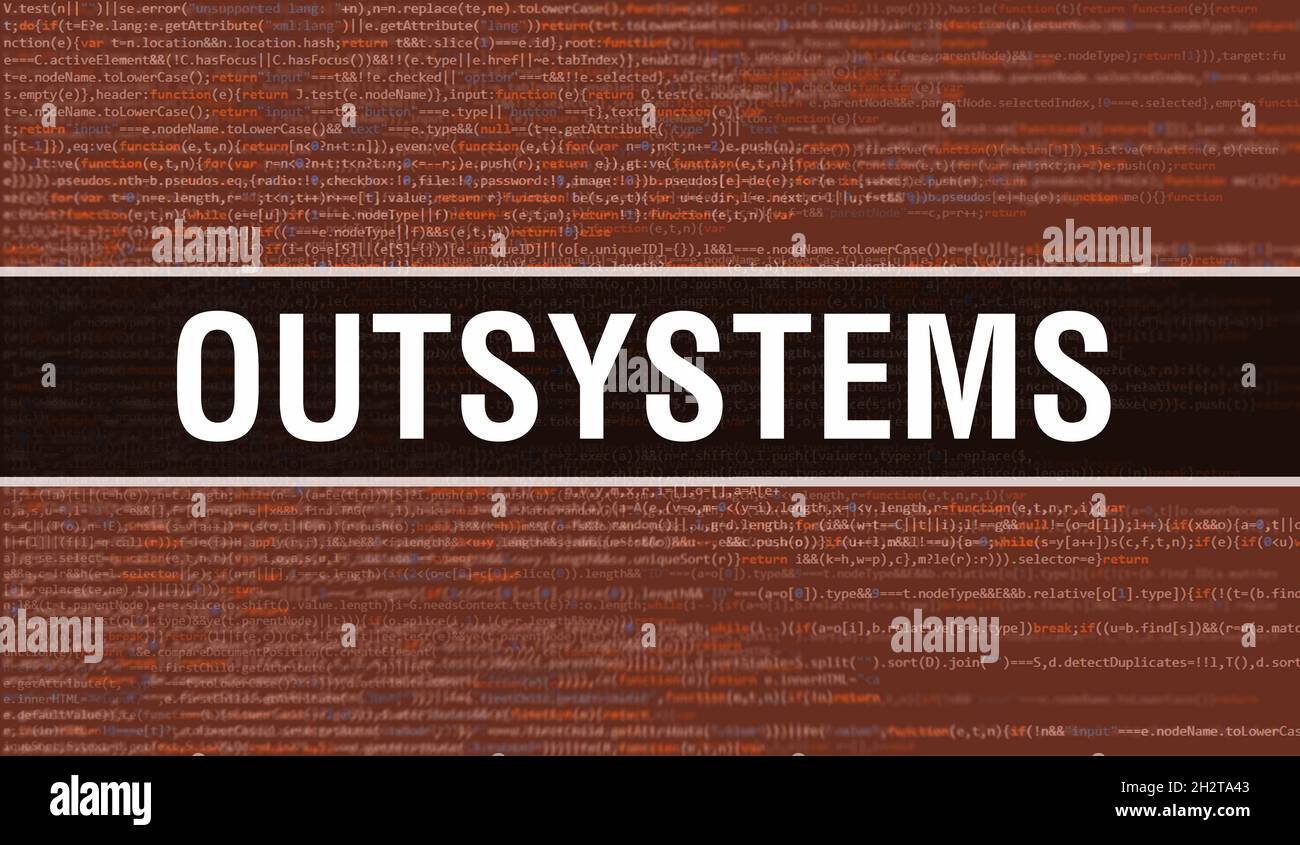 OutSystems concept avec parties aléatoires du code de programme.OutSystems avec le code de programmation résumé de la technologie de base de développeur de logiciel et comput Banque D'Images