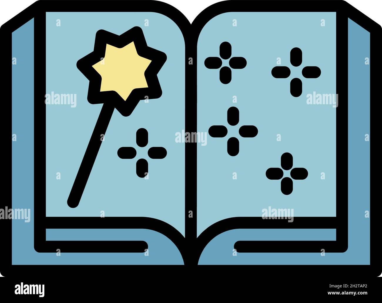 Icône livre ouvert et baguette magique.Contour livre ouvert et baguette magique vecteur icône couleur plat isolé Illustration de Vecteur