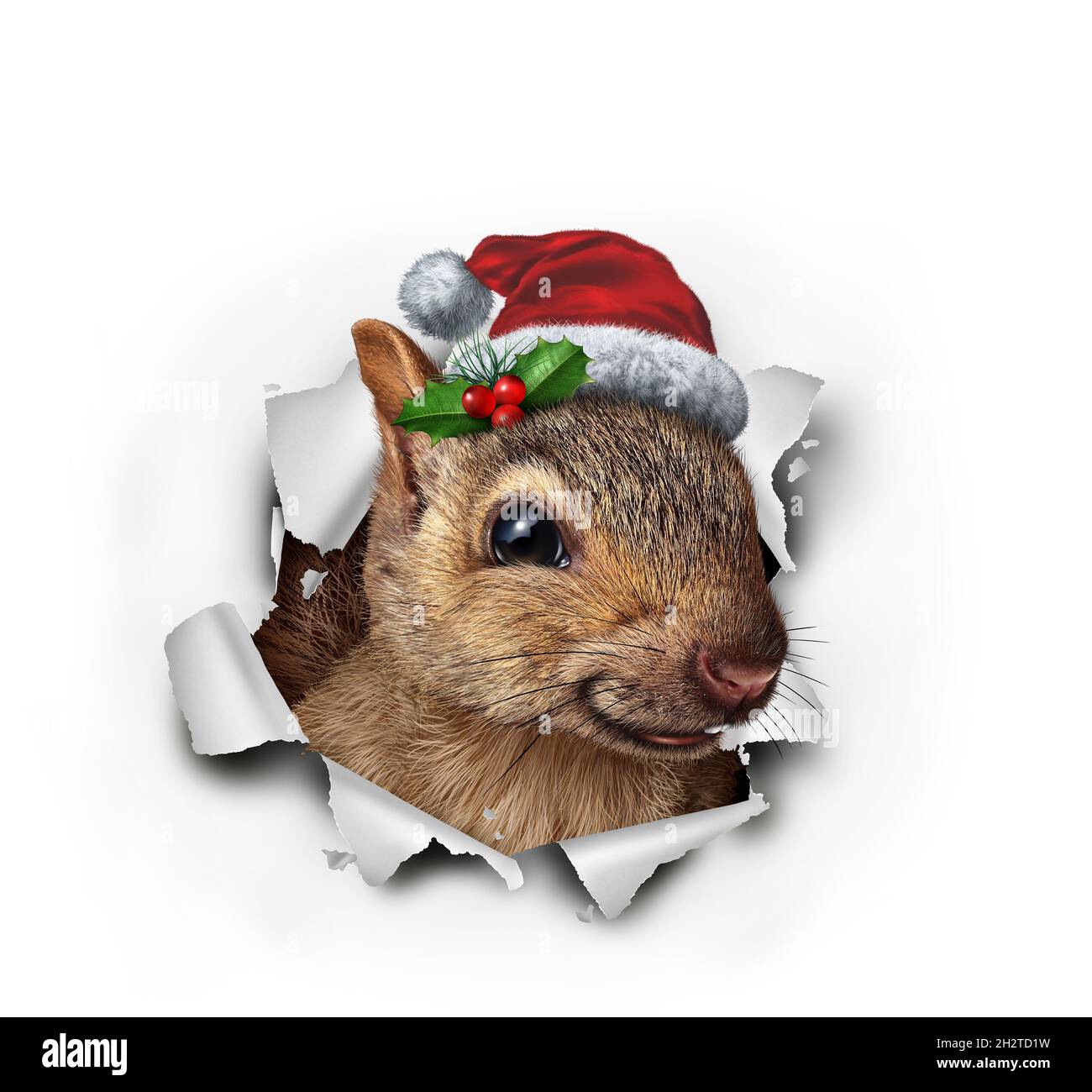 Ecureuil des fêtes portant un chapeau de Noël rouge débordant de papier avec des éléments d'illustration 3D. Banque D'Images