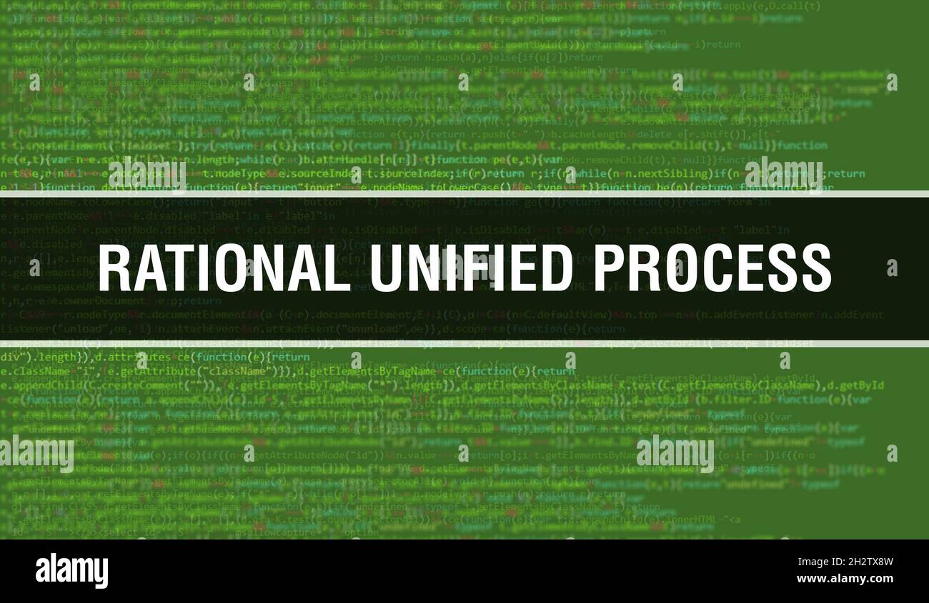 Processus unifié rationnel avec texte de code Java numérique.Concept de vecteur de codage de logiciel et de processus unifié rationnel.Script de codage de programmation Banque D'Images