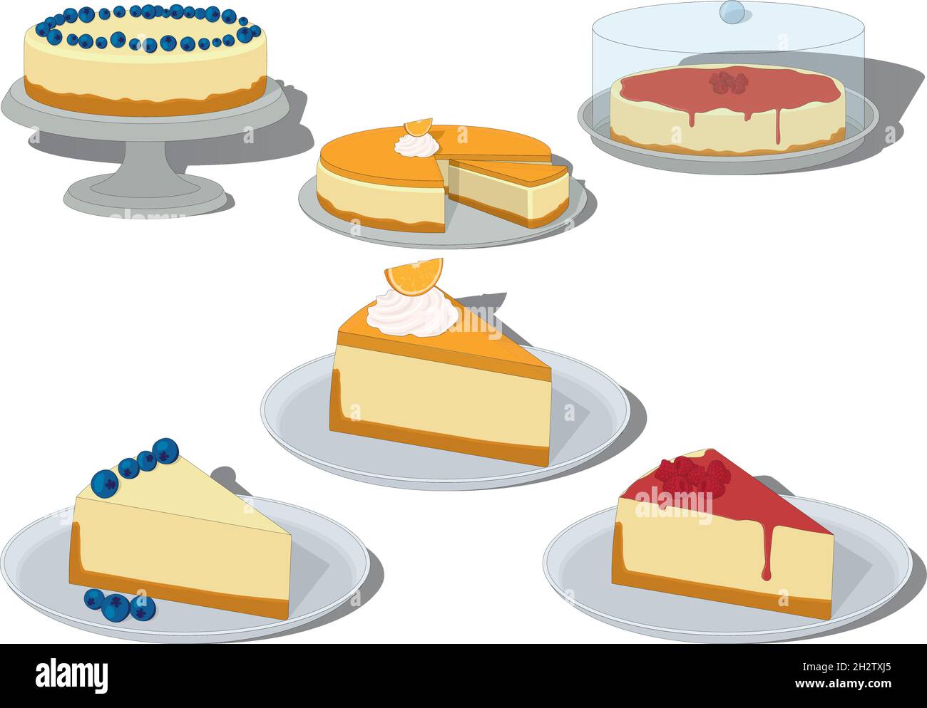 Fruits et baies cheesecakes entiers et morceaux sur les assiettes illustration vectorielle Illustration de Vecteur