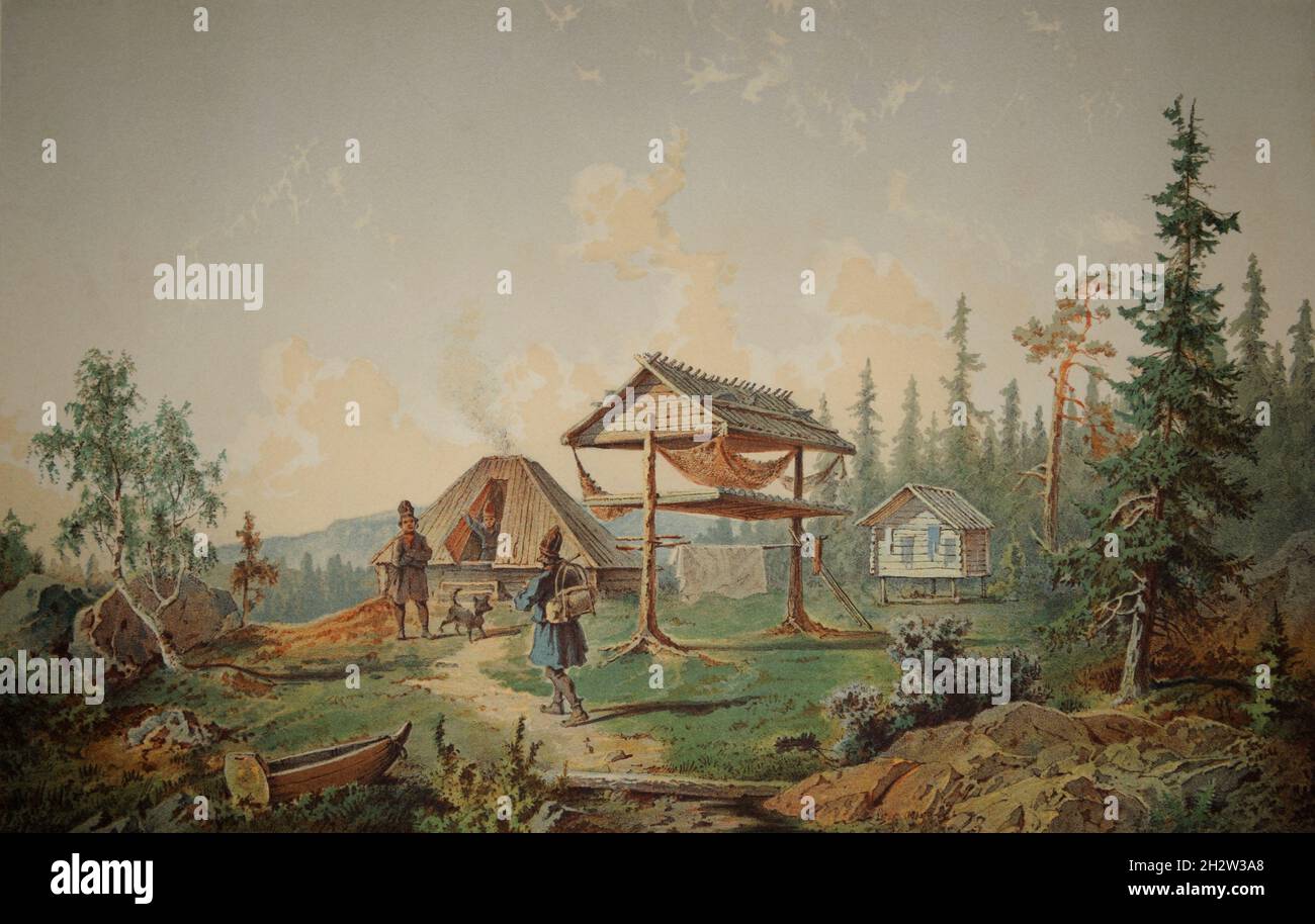 Une cour populaire de la forêt de Sámi.Une cabane, un entrepôt et un bâtiment à air sec.Traditionnellement, le peuple sámi a poursuivi une variété de moyens de subsistance, dans Banque D'Images