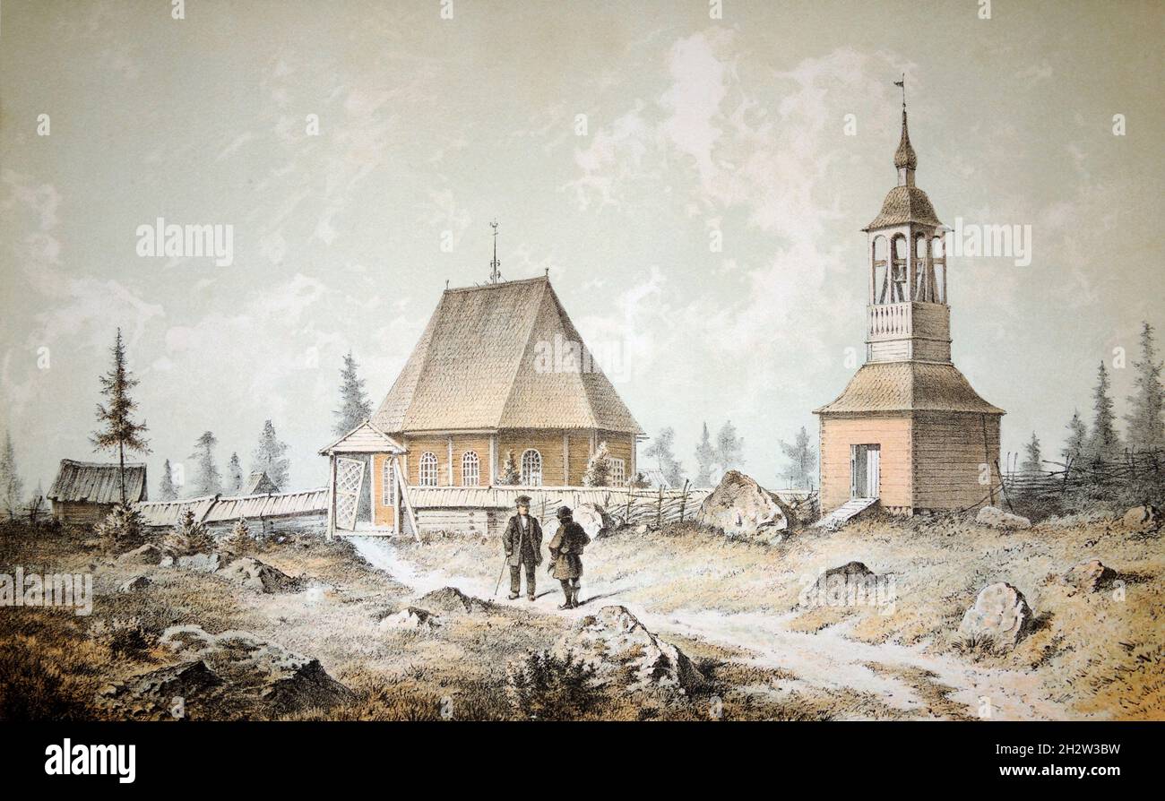 Vue estivale sur la chapelle de Jokkmokk.Une image de 1866.Laponie, Europe.Une collection privée. Banque D'Images