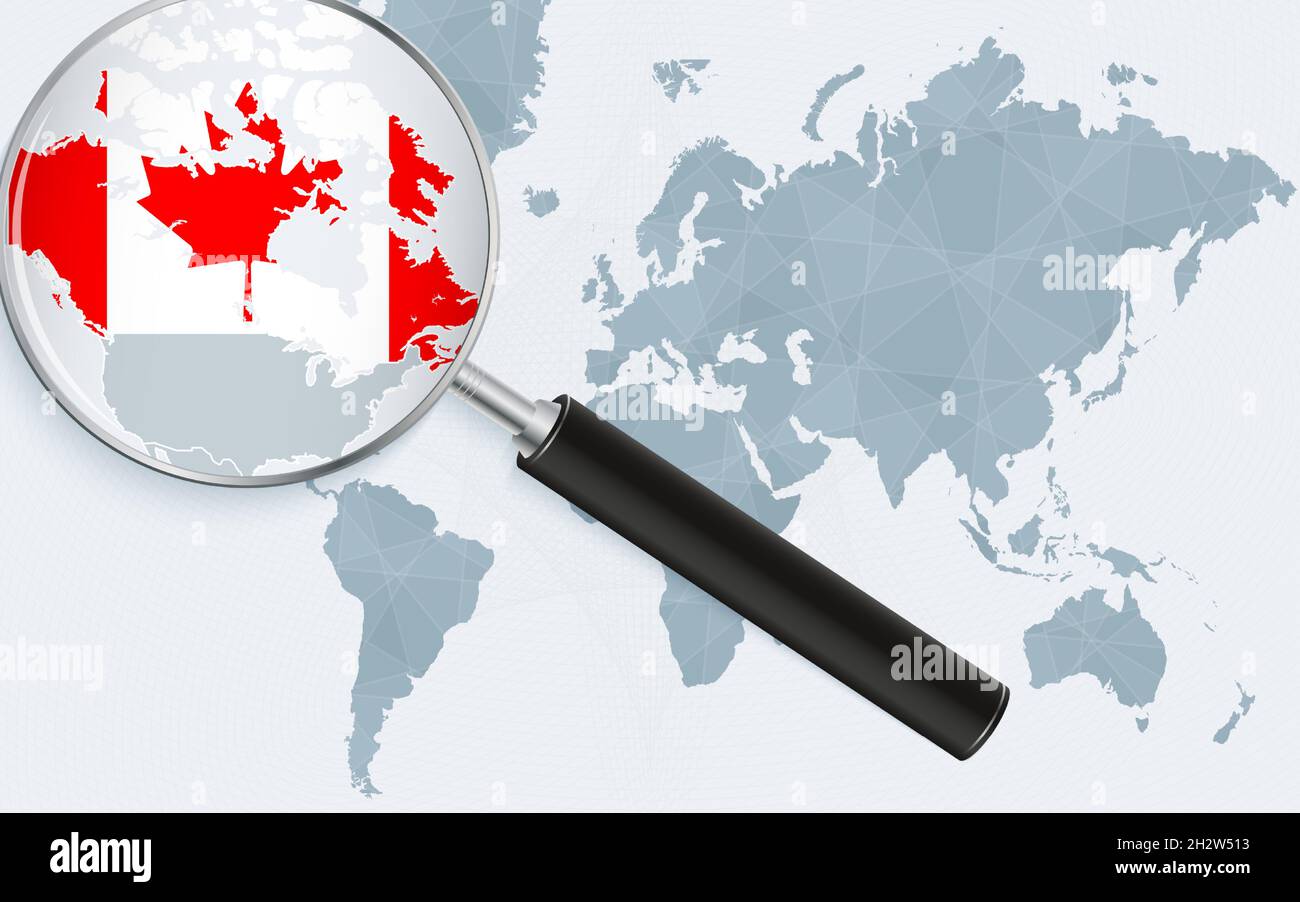 Carte du monde avec une loupe pointant vers le Canada.Carte du Canada