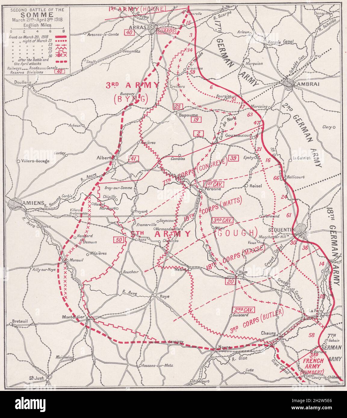 Carte vintage de la bataille de la somme - territoire gagné par les alliés et les Allemands respectivement dans les deux batailles de la somme pendant la Grande Guerre 1918. Banque D'Images