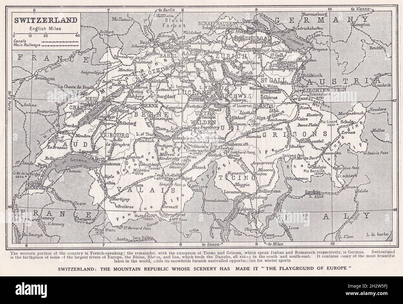 Carte ancienne de la Suisse des années 1930. Banque D'Images