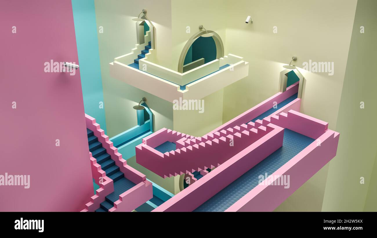 Labyrinthe comme des escaliers en rose, turquoise et jaune - inspiré par le film de télévision Squid Game. Banque D'Images