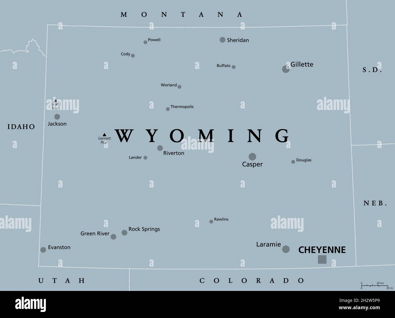 Wyoming, Wyoming, WY, carte politique grise, avec la capitale Cheyenne.Dans la sous-région de la montagne-Ouest des États-Unis d'Amérique de l'Ouest. Banque D'Images