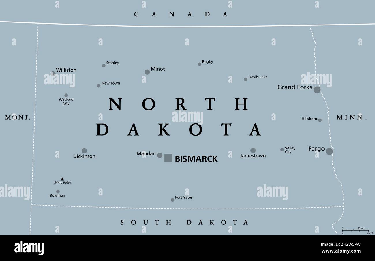 Dakota du Nord, ND, carte politique grise, avec la capitale Bismarck.État dans la sous-région du Midwest supérieur des États-Unis d'Amérique, Peace Garden State. Banque D'Images
