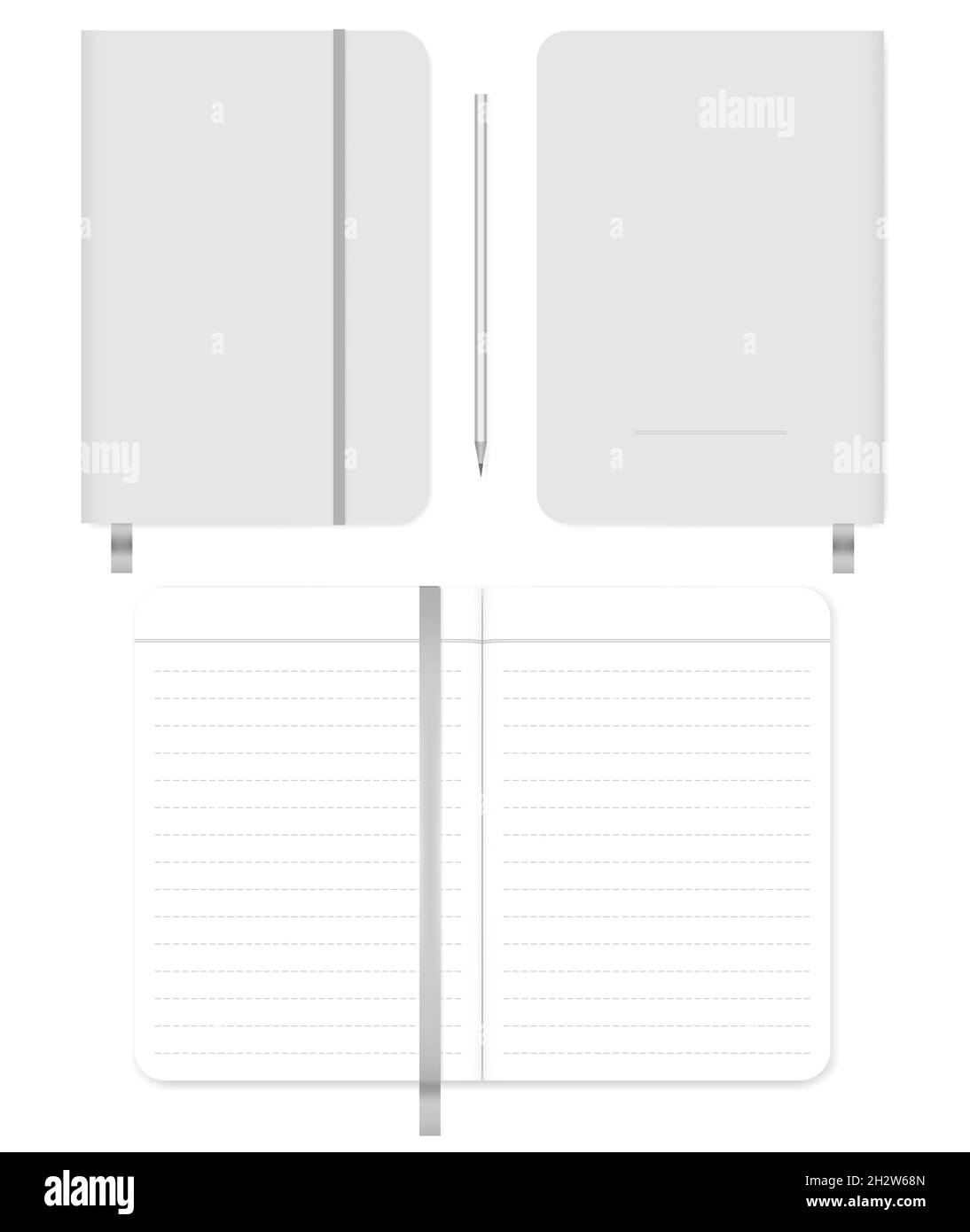 Livre de notes ouvert et fermé avec signet en ruban et bande de fermeture élastique.Couverture avant, couverture arrière, écartement.Journal intime doublé.Maquette de vecteur Illustration de Vecteur