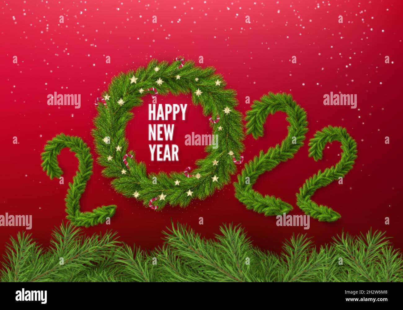Numéros 2022 de branches d'arbre de noël isolées sur rouge.Couronne de Noël décorée de boules de Noël et de Candy Canes au lieu de zéro.Joyeux nouveau Illustration de Vecteur
