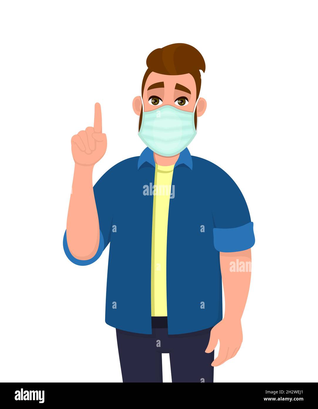 Hipster jeune homme couvrant le visage avec un masque médical et un symbole de doigt pointant vers le haut.Personne portant une protection hygiénique du visage et un signe de gestuelle. Illustration de Vecteur