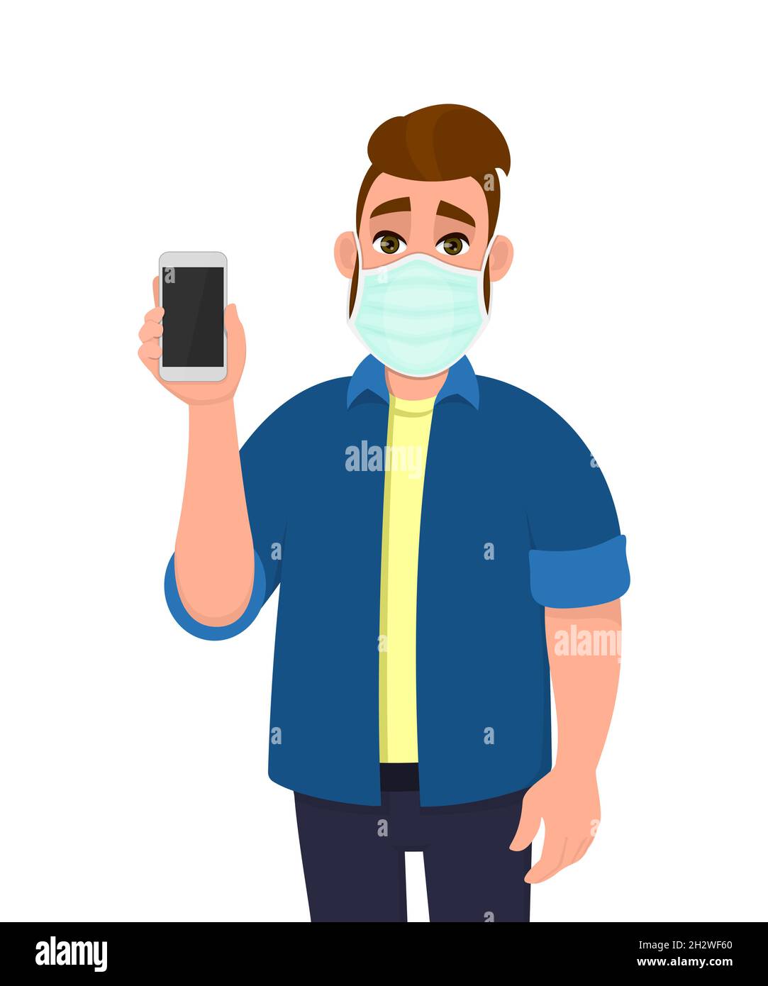 Jeune homme hipster portant un masque médical et montrant le téléphone.Personne à la mode affichant un smartphone.Personnage masculin couvrant la protection du visage contre les virus. Illustration de Vecteur