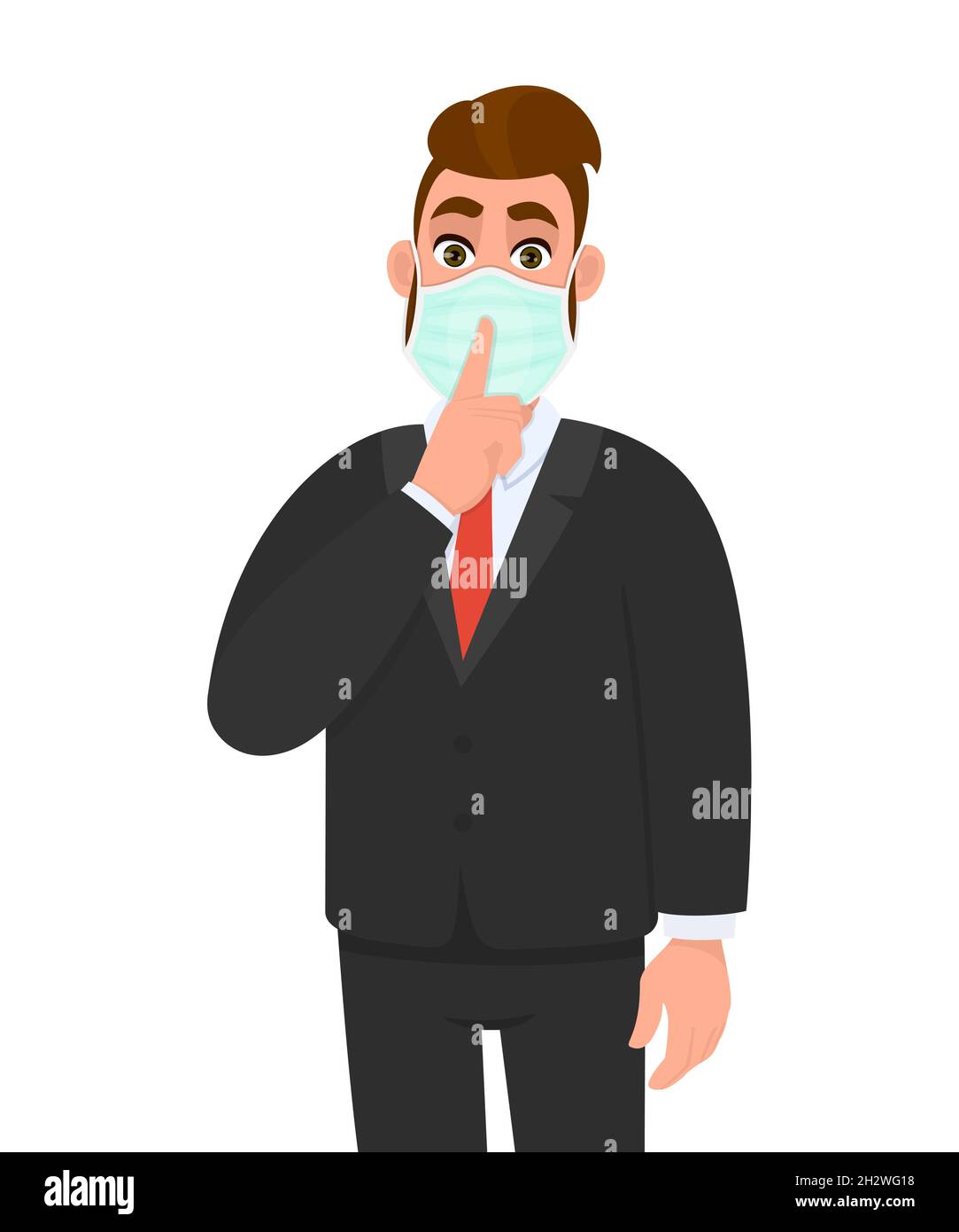 Jeune homme d'affaires portant un masque médical et demandant le silence.Un boxeur tendance qui fait le geste sur les lèvres.Personnage masculin couvrant la protection du visage Illustration de Vecteur