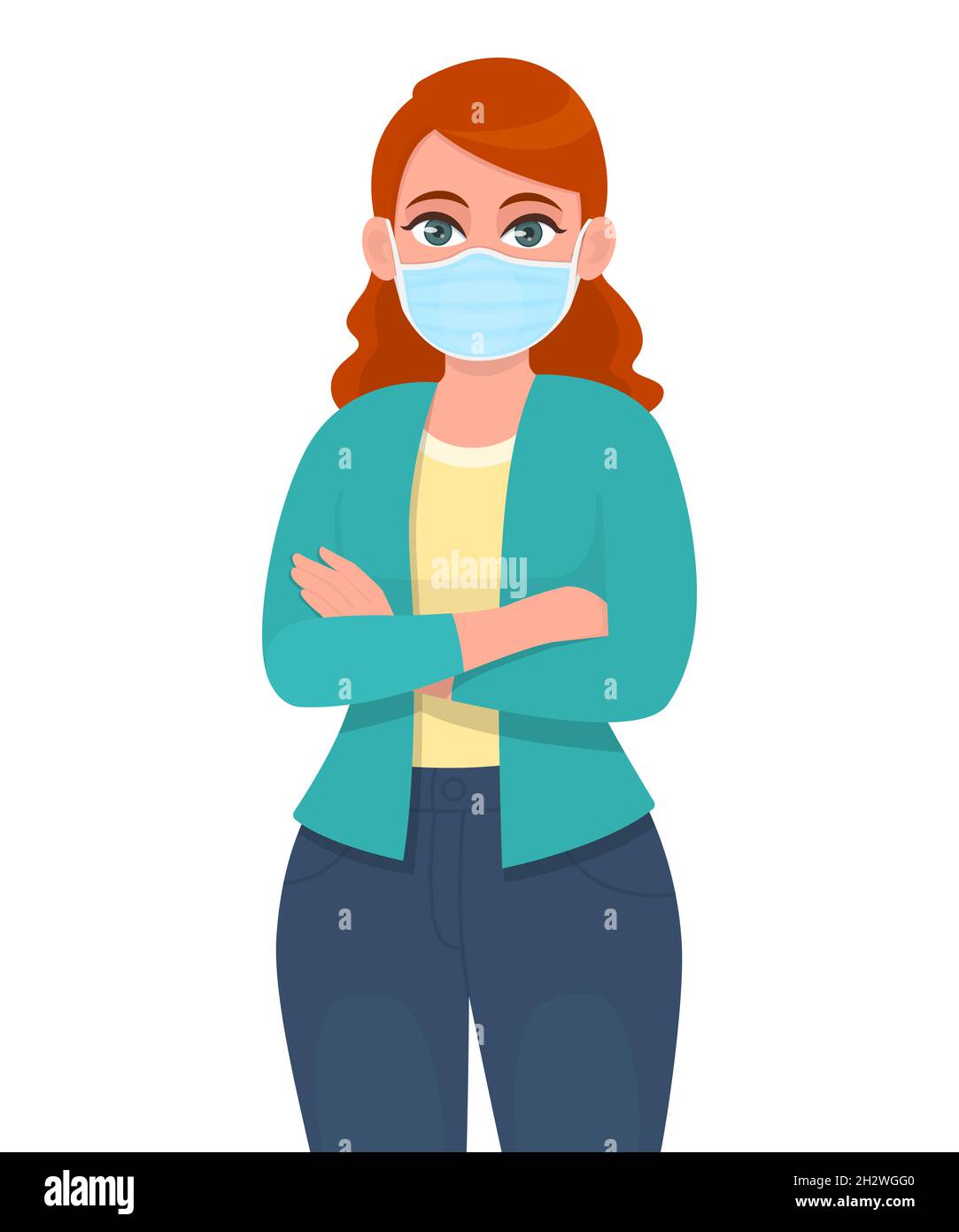 Jeune femme portant un masque médical et gardant les bras croisés.Fille couvrant la protection du visage contre l'épidémie de virus et debout avec les mains pliées. Illustration de Vecteur