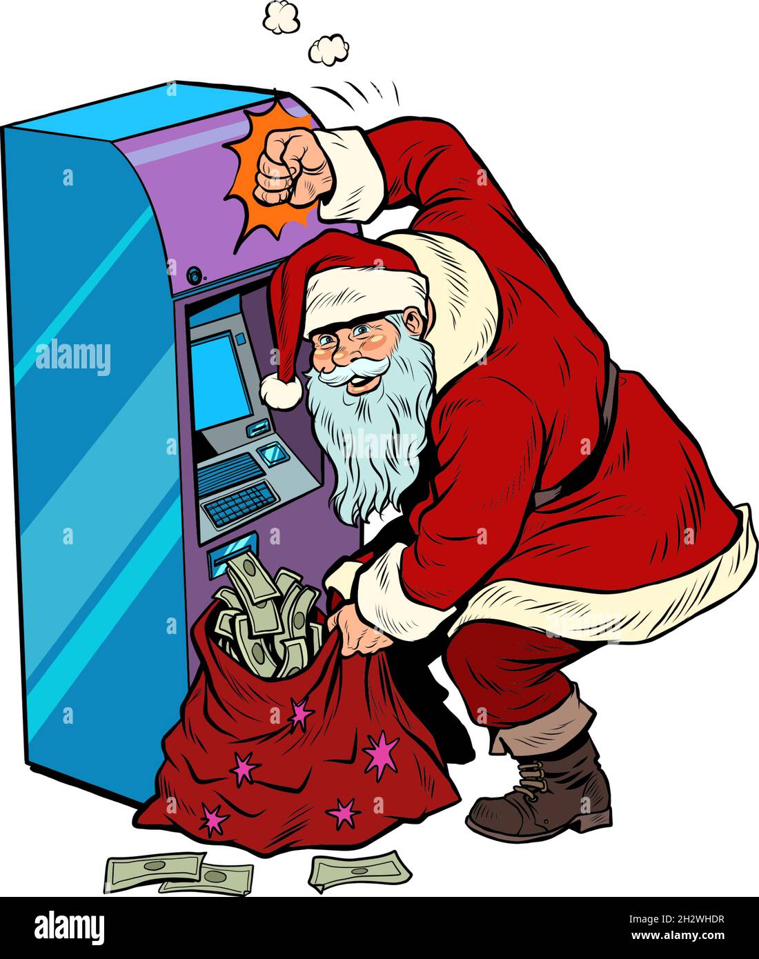 Le GAB verse de l'argent, le Père Noël reçoit un bonus pour les fêtes de Noël Illustration de Vecteur