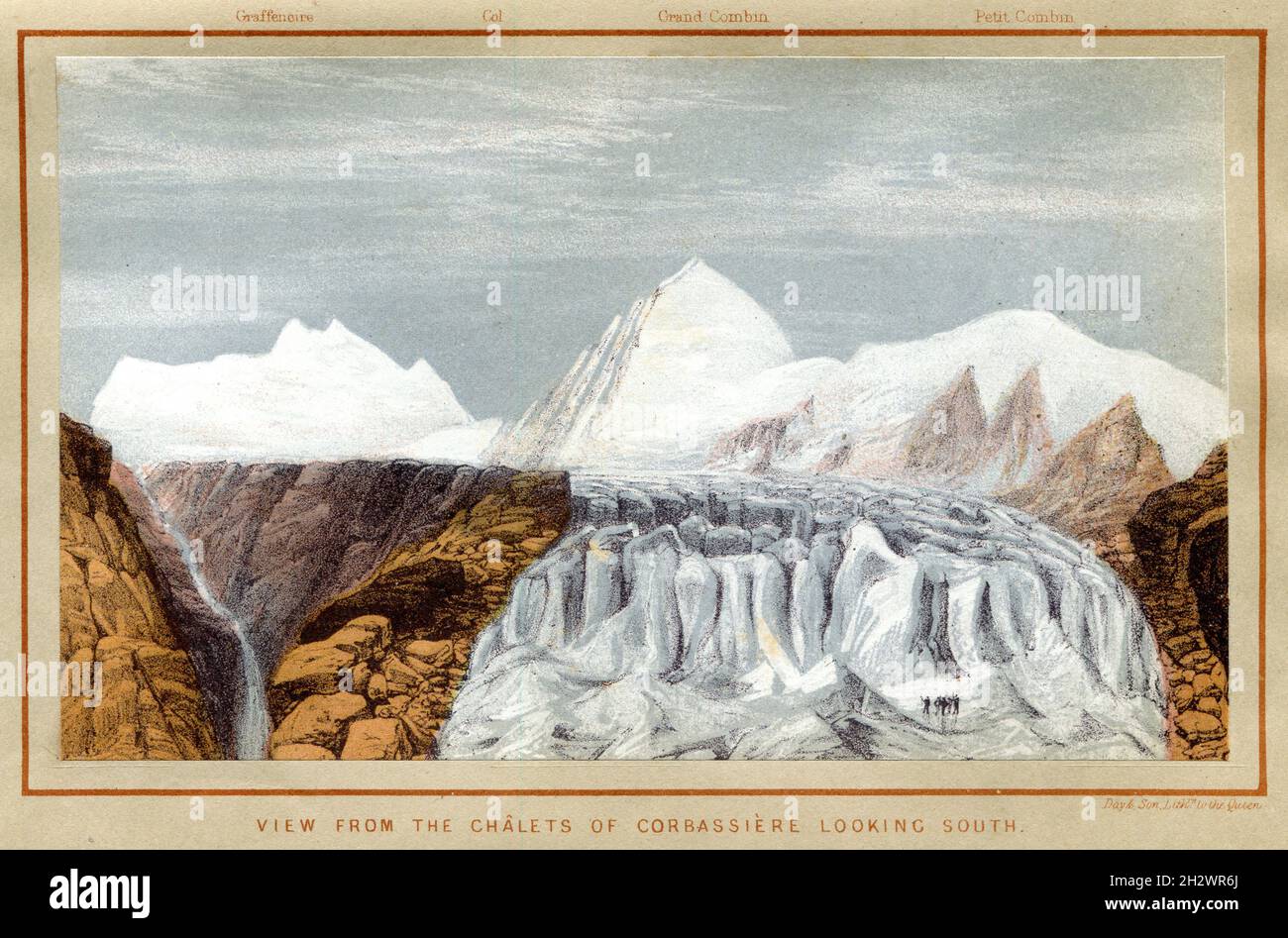 Un imprimé lithographique de 1859 intitulé "vue des Chalets de Corbassière vers le sud", représentant le glacier de Corbassière dans le massif du Grand Combin dans les Alpes Pennines, dans le sud-ouest du Valais, en Suisse.Au loin se trouvent les montagnes Graffeneire, Grand Combin et petit Combin. Banque D'Images
