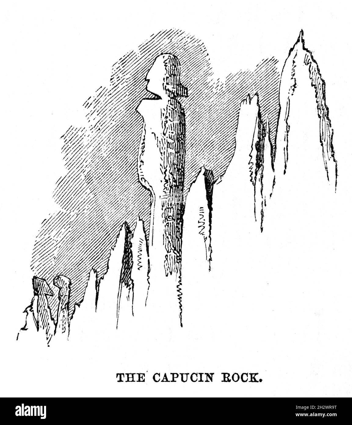 Une illustration en bois de 1859 intitulée "le Rocher du Capucine" représentant le sommet de roche situé sous le Mont blanc du Tacul dans le massif du Mont blanc en haute-Savoie, France. Banque D'Images