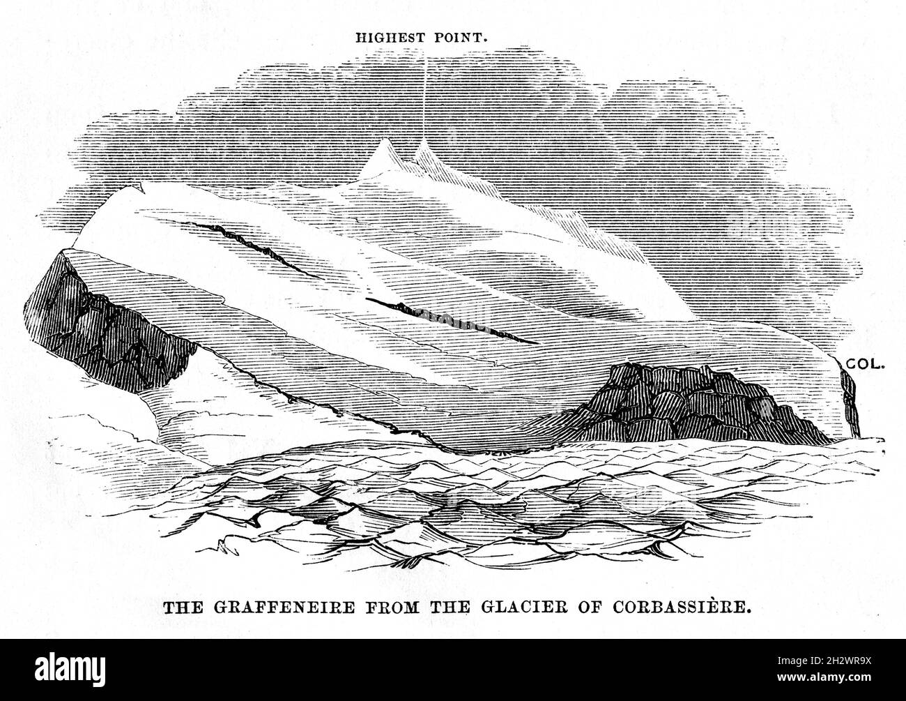 Une illustration en bois de 1859 intitulée "le Graffeneire du glacier de Corbassière".Le glacier de Corbassière est un glacier de vallée situé dans le massif du Grand Combin, dans les Alpes Pennines, dans le sud-ouest du Valais, en Suisse. Banque D'Images