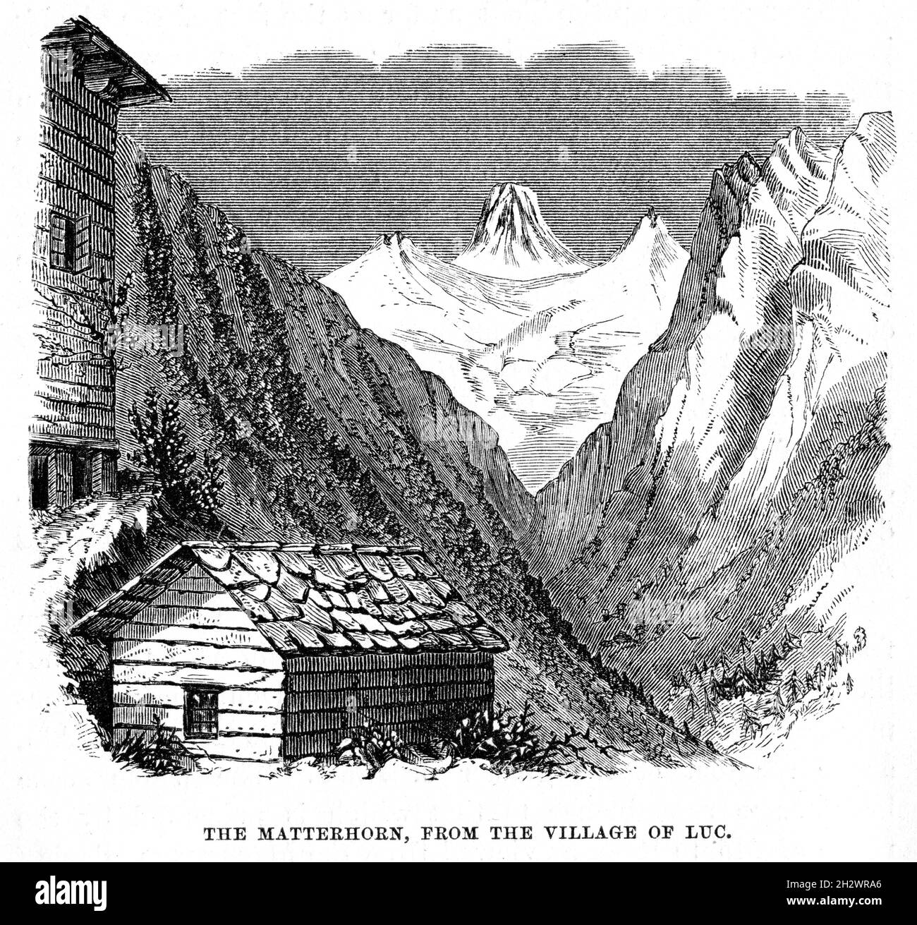 Une illustration en bois de 1859 intitulée "le Cervin, du village de Luc".Saint-Luc est un village du canton suisse du Valais, dans le district de Sierre. Banque D'Images Une illustration en bois de 1859 intitulée "le Cervin, du village de Luc".Saint-Luc est un village du canton suisse du Valais, dans le district de Sierre. Banque D'Images