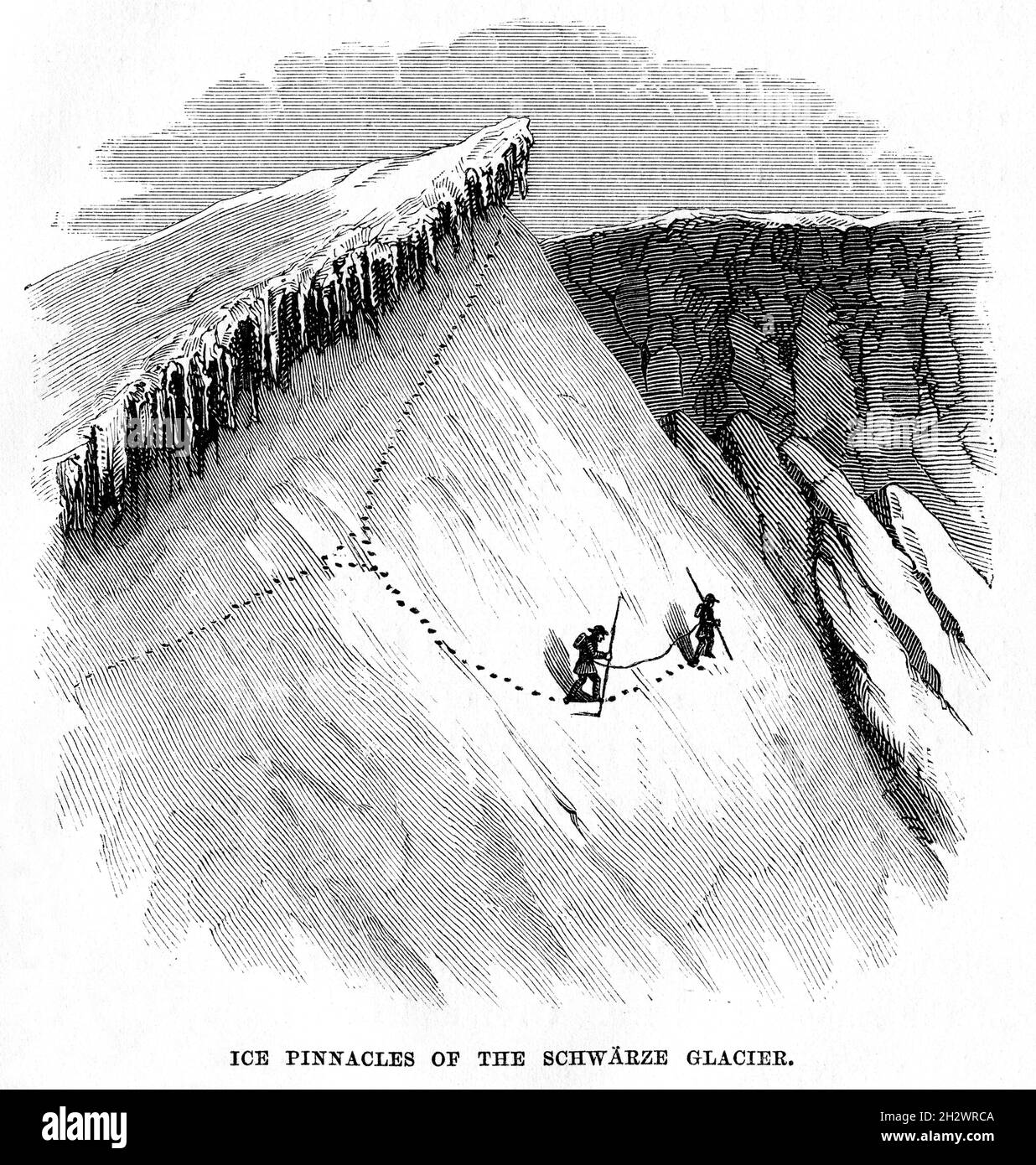 Une illustration en bois de 1859 intitulée "Pinnacles de glace du glacier de Schwärze".Valais, Suisse. Banque D'Images