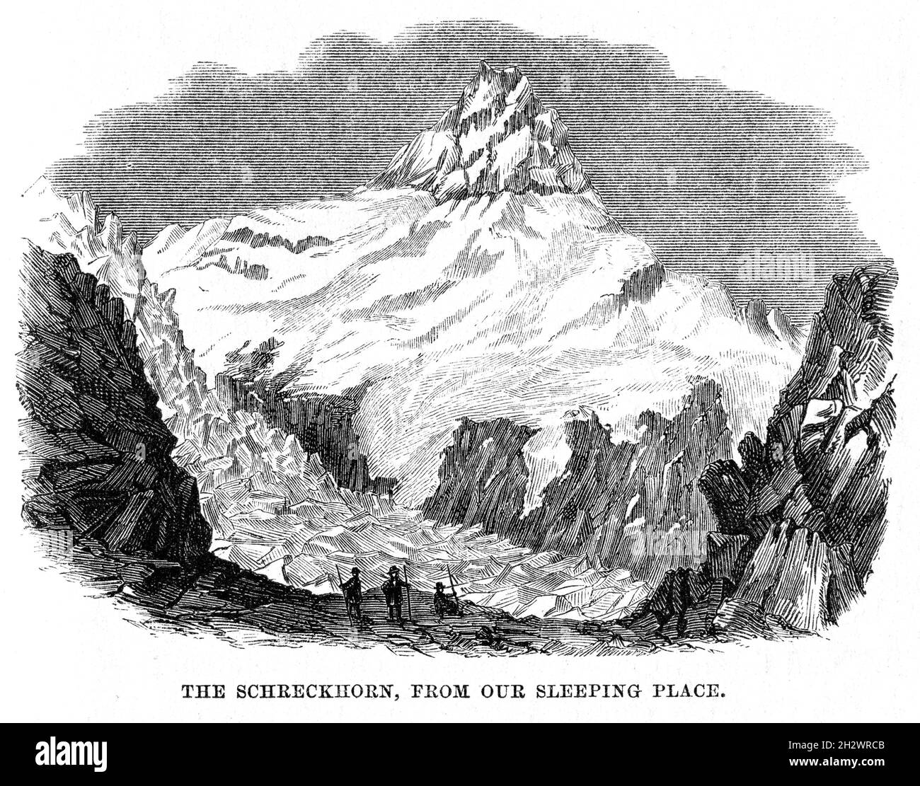 Une illustration en bois de 1859 intitulée « le Schreckhorn, de notre lieu de couchage ».Représente la vue de la montagne Schreckhorn depuis l’alpiniste, le camp de M. Anderson sur le glacier supérieur de Grindelwald, dans le canton de Berne, en Suisse. Banque D'Images Une illustration en bois de 1859 intitulée « le Schreckhorn, de notre lieu de couchage ».Représente la vue de la montagne Schreckhorn depuis l’alpiniste, le camp de M. Anderson sur le glacier supérieur de Grindelwald, dans le canton de Berne, en Suisse. Banque D'Images