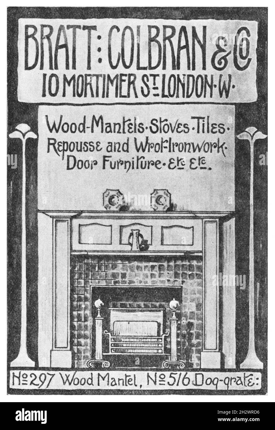 Une publicité de style "Arts & artisanat" en 1902 faisant la promotion de "Bratt, Colbran & Co." du 10 Mortimer St., Londres, W. "Bois-Mantels, poêles, tuiles,Repousse et Wrot-Ironwork, mobilier de porte, etc.”. Banque D'Images