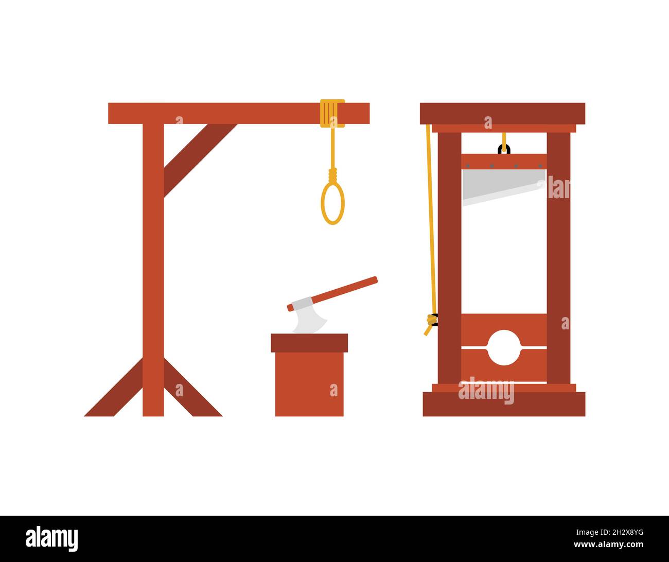 Hangman, guillotine et souche d'échafaudage pour hacher la tête.Ensemble de l'instrument de la peine de mort Illustration de Vecteur