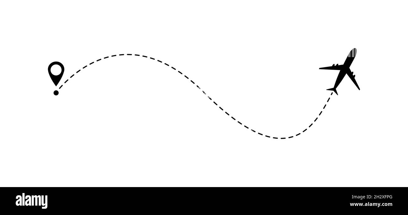 Icône de vecteur de ligne d'avion d'itinéraire de vol d'avion avec point de départ et tracé de ligne isolés sur fond blanc . Illustration de Vecteur