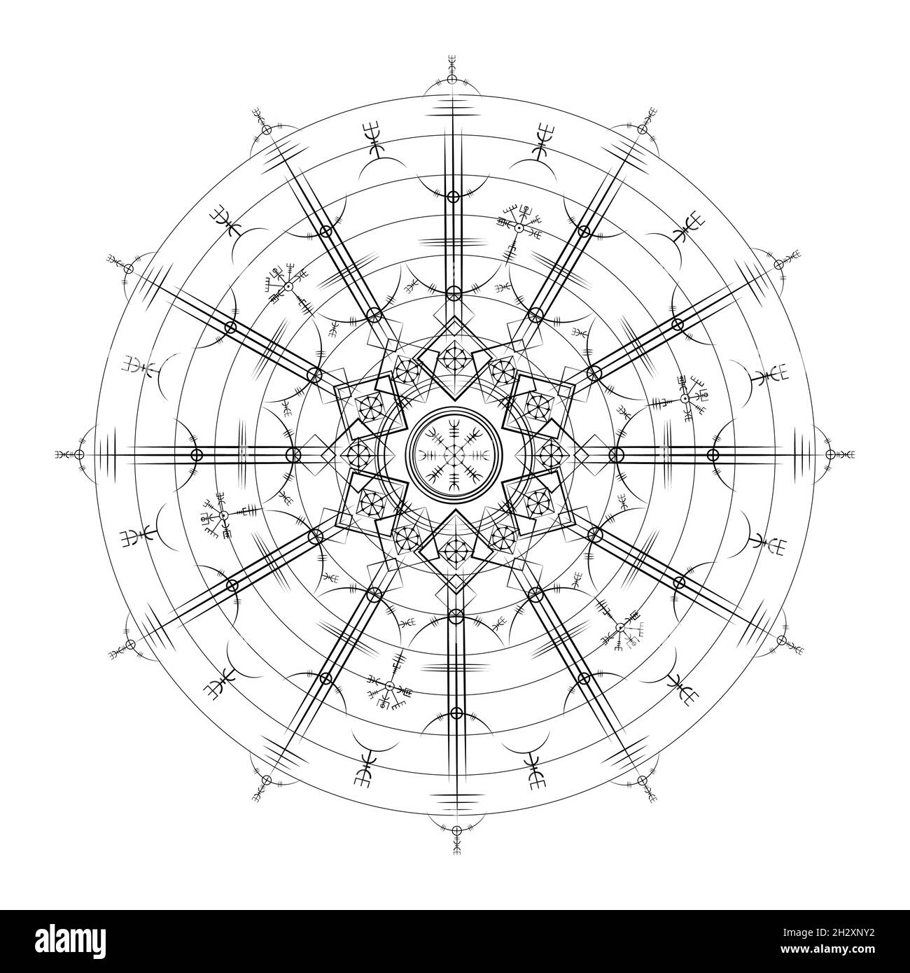 Magic Ancient viking art déco, Vegvisir magie de navigation boussole antique.Mandala Vikings a utilisé de nombreux symboles conformément au signe de la mythologie de la Norse Illustration de Vecteur
